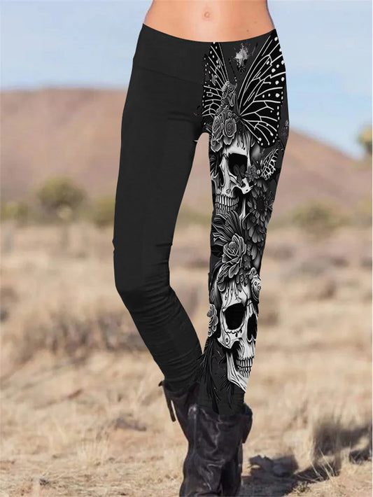 Gothic Butterfly Print Skull Printed Slim Fit Pants