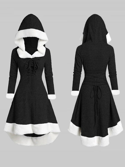 Elegant Hooded Stitching Plush Hem Irregular Long Sleeve Lace-up Dress