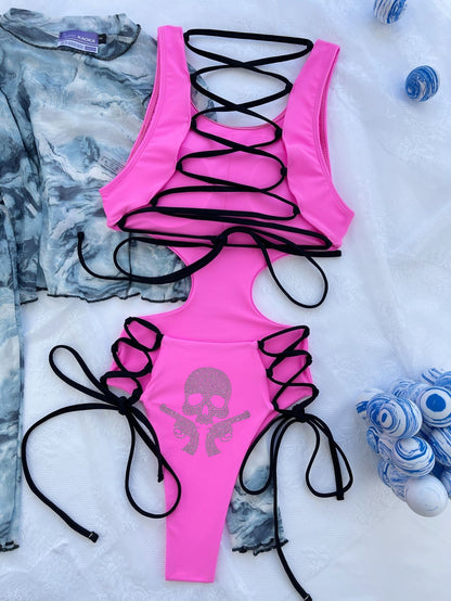 Sexy Suncha Skull Head Print Backless Lace up Swimsuit