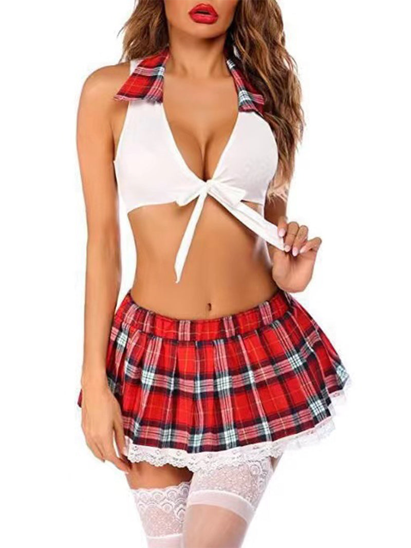 Sexy Plaid Stitching Halter Strap Underwear Lace Plaid Pleated Skirt Suit