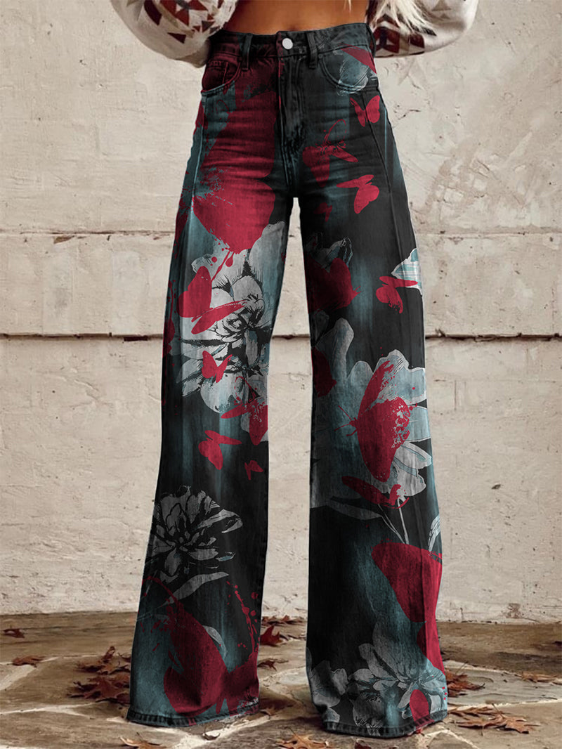 Art Gradient Flower Red Butterfly Print Wide-Leg Pants