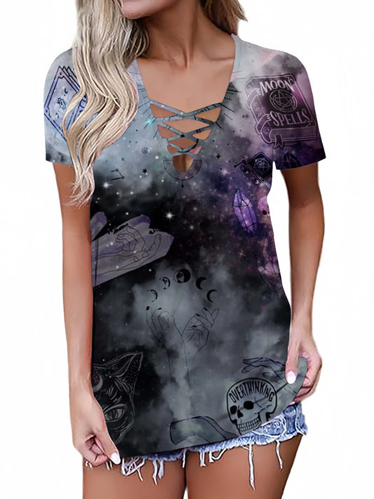 Starry Sky Tarot Symbol Printed Sexy V-neck Hollow T-shirt