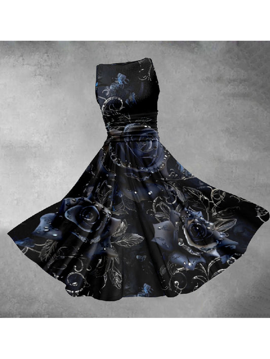 Water Drop Black Blue Rose Elegant Slim Vest Dress