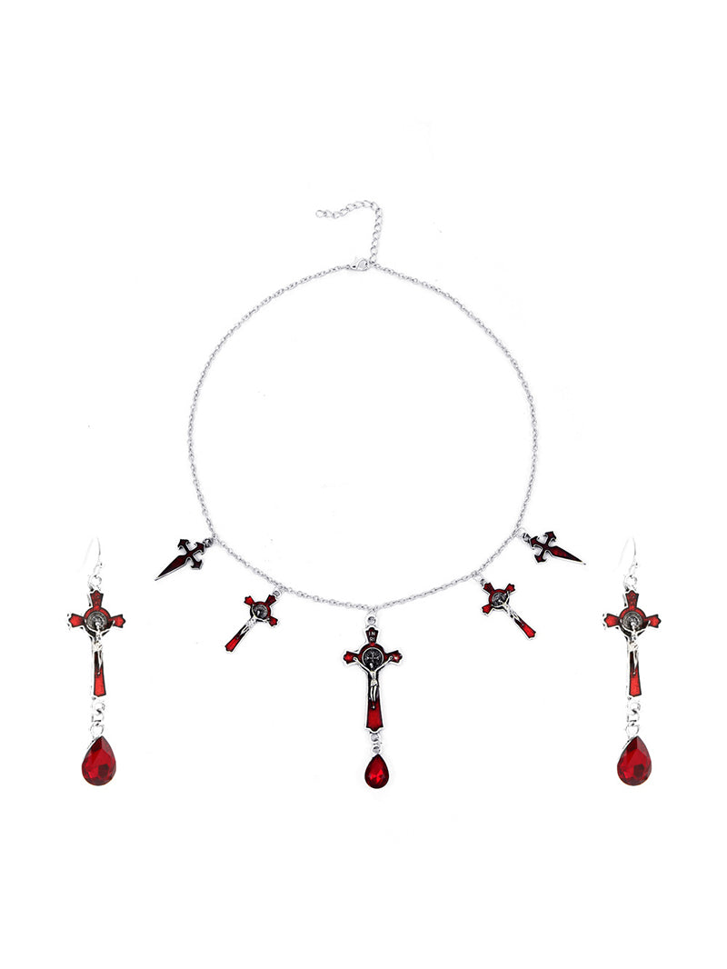 Halloween Gothic Water Drop Bat Cross Earrings and Necklace Set