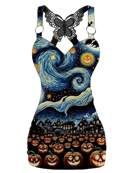 Pumpkin Starry Sky Printed V-neck Sexy Butterfly Back Dress