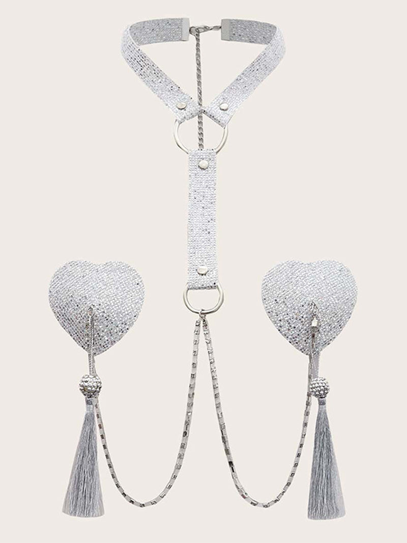 Valentine's Day Sexy Halter Body Chains Tassel Heart Sequins Breast Pad Chain