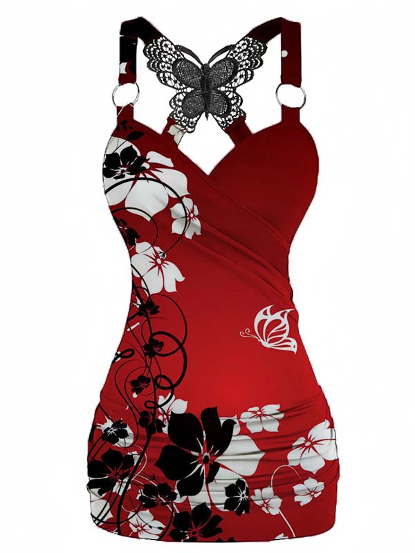 Red Floral Printed Back Butterfly Camisole