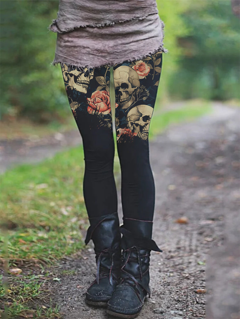 Women's Gothic Skull Rose Print Skinny Yoga Pants