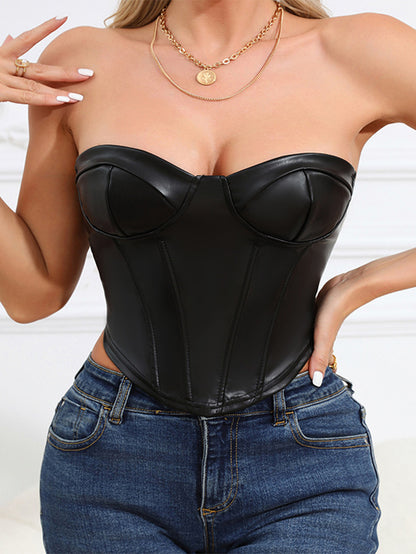 Sexy Leather Tight Strapless Zipper Outerwear Top