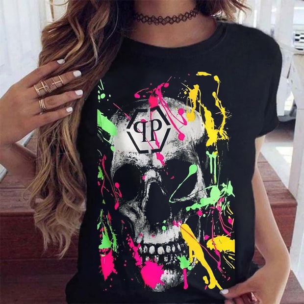 Splash Ink – Kurzärmliges T-Shirt mit Gothic-Totenkopf-Aufdruck 