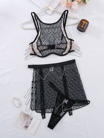 Fashion Sexy Cutout Fishnet Stitching Chain See-through Short Skirt Underwear Suit