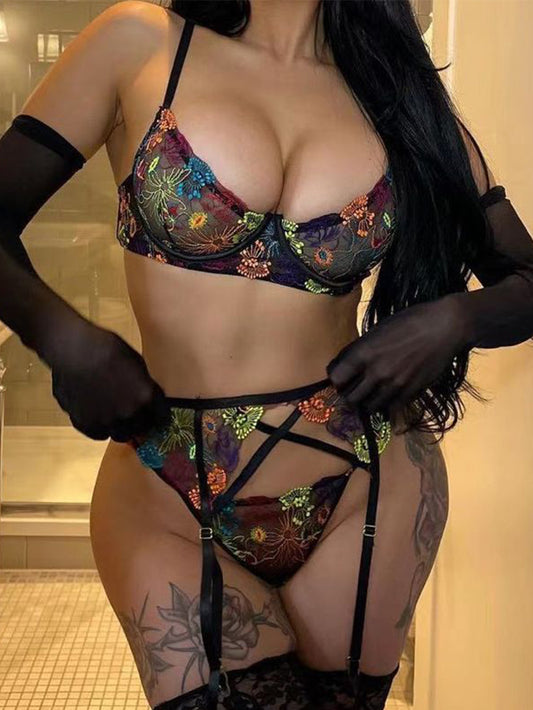 Sexy Color Embroidery Garter Underwear Suit