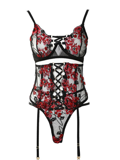 Fashion Sexy Rose Red Embroidered Hollow Underwear Suit