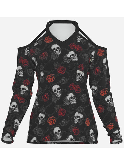 Sexy Women's Gothic Thorn Rose Skull Print off-Shoulder Brands Long Sleeve Top