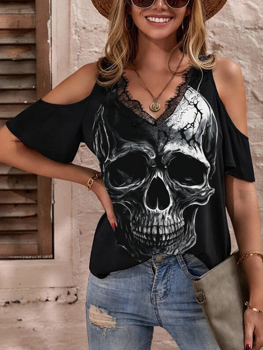 Skull Printed Sexy Lace Trim V-neck off-Shoulder Top