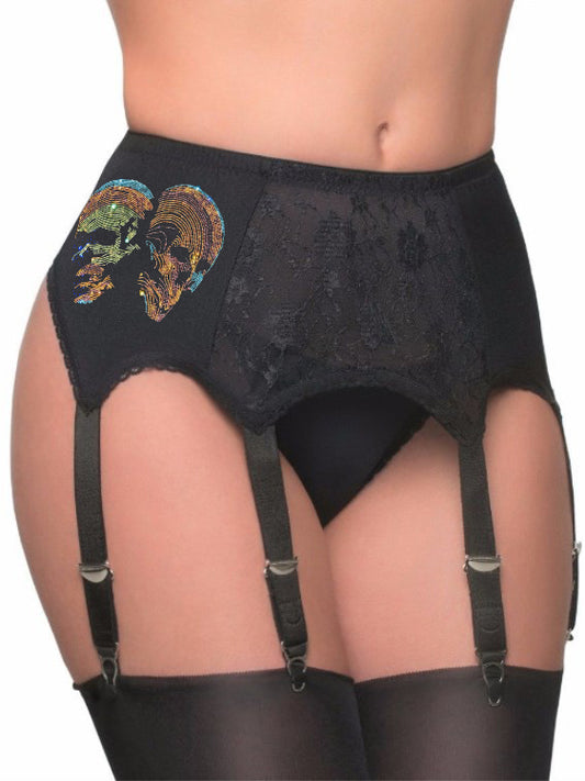 Double Head Skull Print Lace 6 Claw Garter