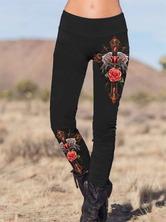 Gothic Cross Rose Printed Slim Fit Pants