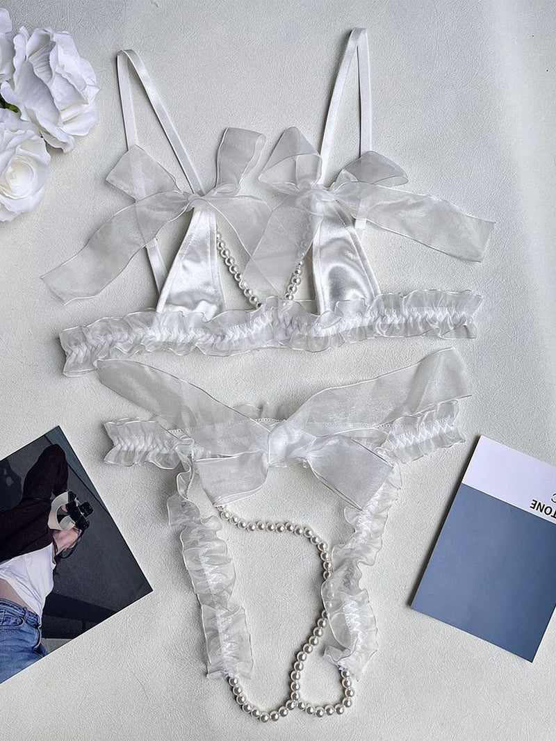 Sexy Pearl Ribbon Hollow Underwear Suit