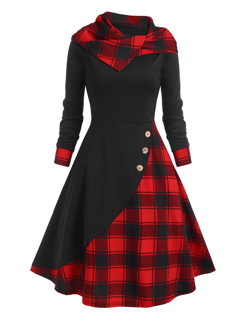 Fashion Plaid Button Patchwork Turtleneck Hooded Mid-Length Dress