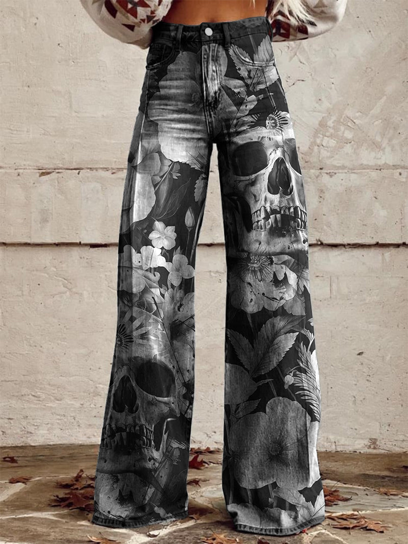 Skull Print Wide-Leg Pants