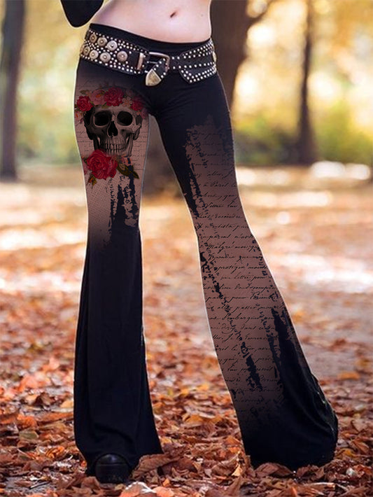 Women's Fashion Gothic Skull Rose Letter Print Bell-Bottoms