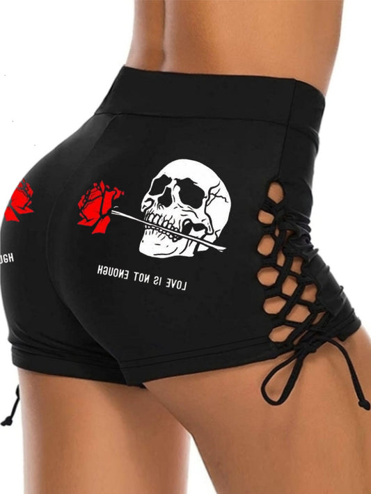 Love Is Not Enough Skull Rose Printed Lace up Shorts