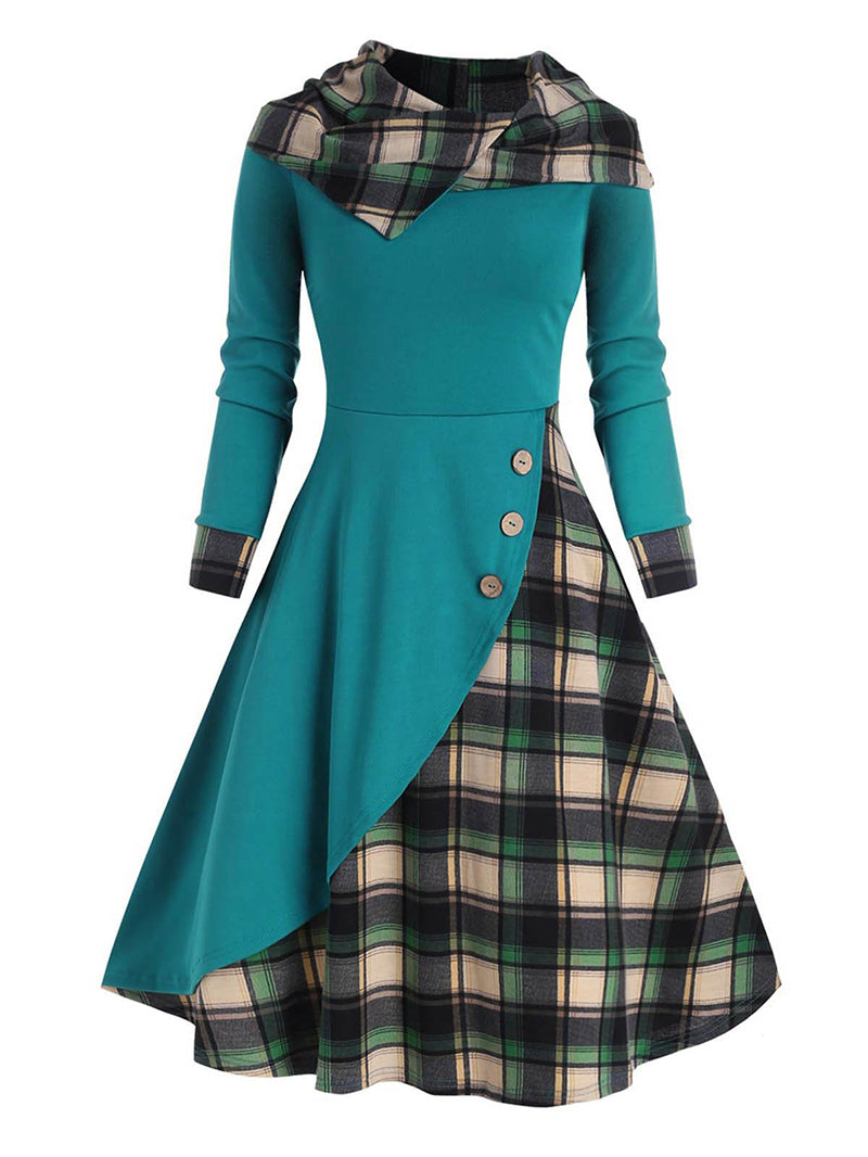 Fashion Plaid Button Patchwork Turtleneck Hooded Mid-Length Dress