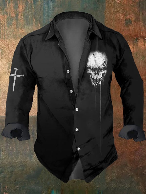 Men's Vintage Skull Cross Print Long Sleeve Shirt