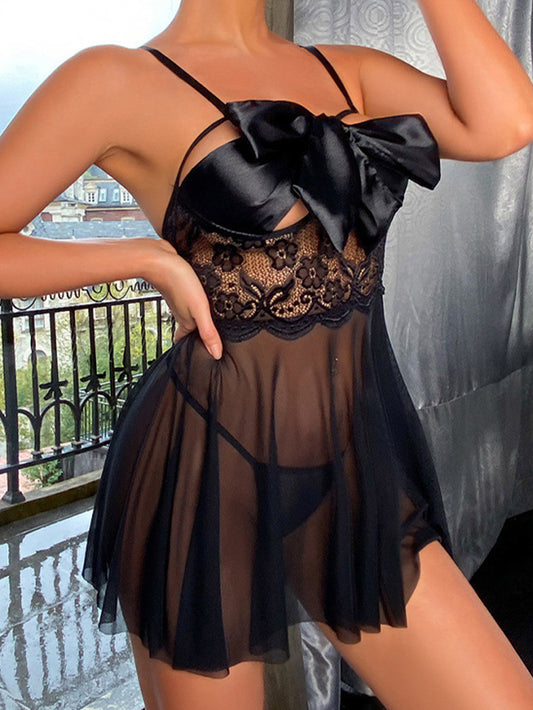 Sexy Lace Bow Mesh Nightdress Suit