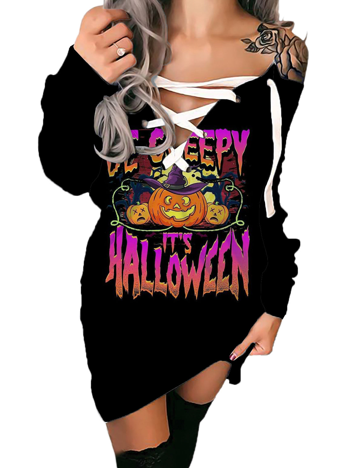 Woman Halloween Creepy Printed V-neck Bandage Sexy Dress