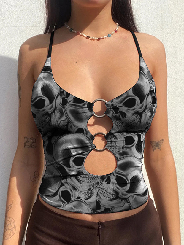 Metal Skull Printed Hollow Ring Slim-Fitting Suspenders Vest