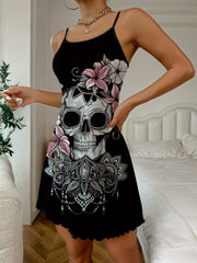 Chic Floral Skull Print Backless Lounge Dress