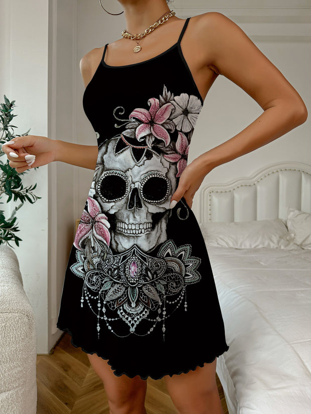 Schickes rückenfreies Lounge-Kleid mit Blumen-Totenkopf-Print