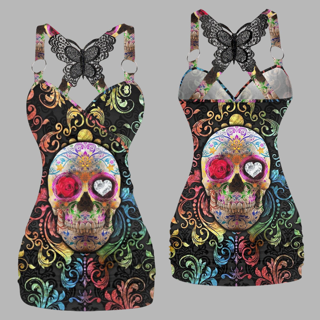 Colorized Decorative Skull Head Printed Butterfly Lace Vest