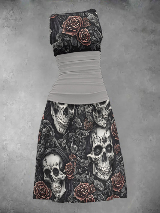 Dark Style Rose Skull Tight Vest Dress