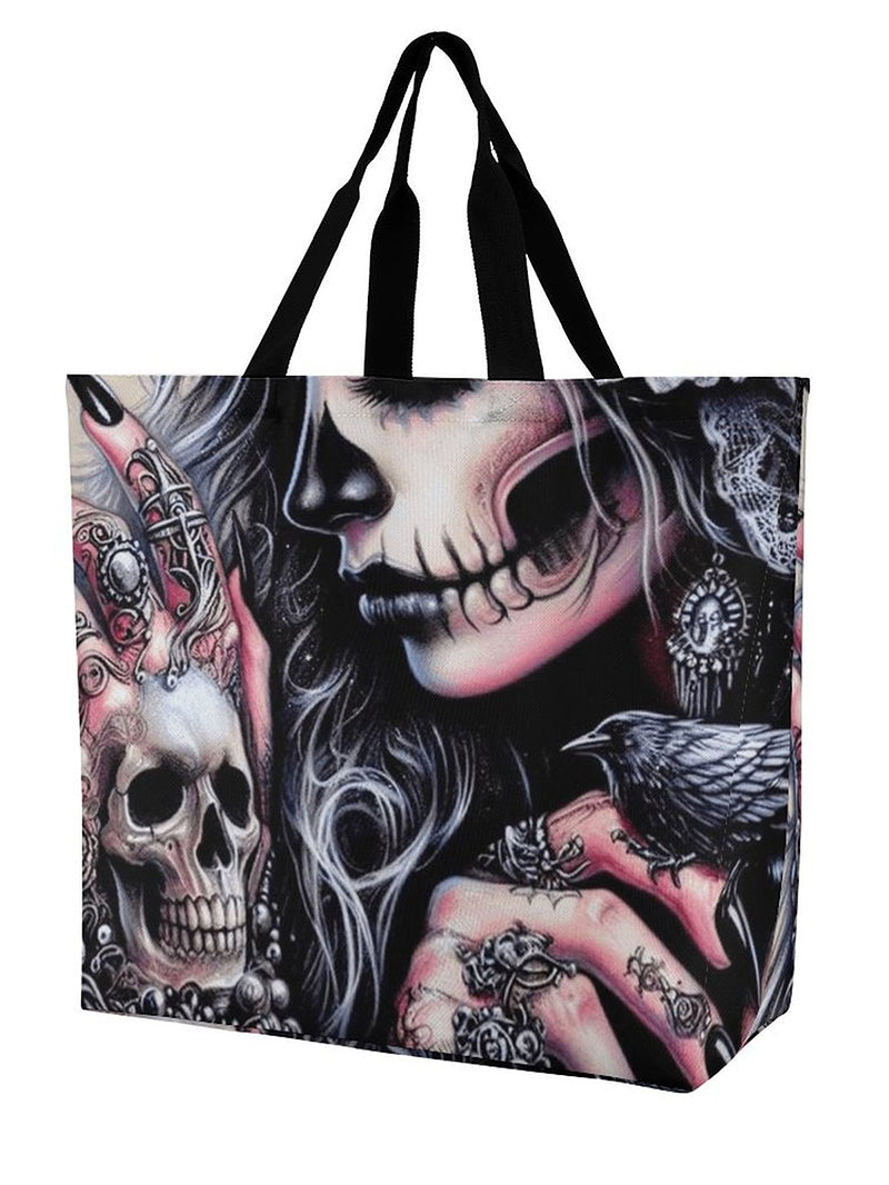 Lady Gothic Dark Girl Skull Print Large Capacity One Shoulder Shopping Bag