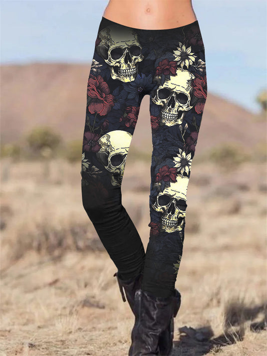 Gothic Skull Flower Printed Slim Fit Pants