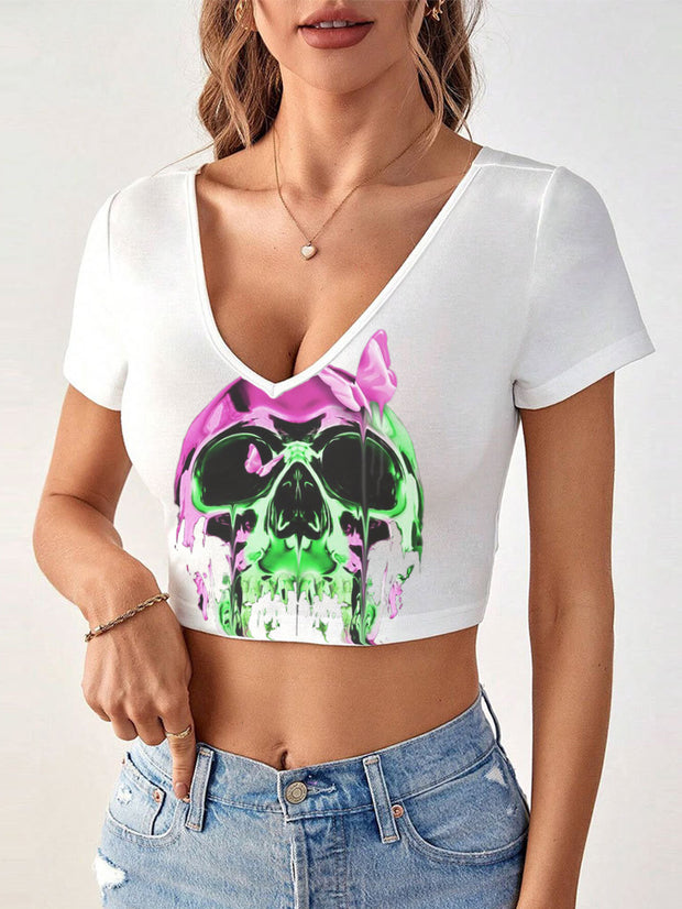 Magic Skull Sexy Low round Neck Short Sleeve Tight T-shirt