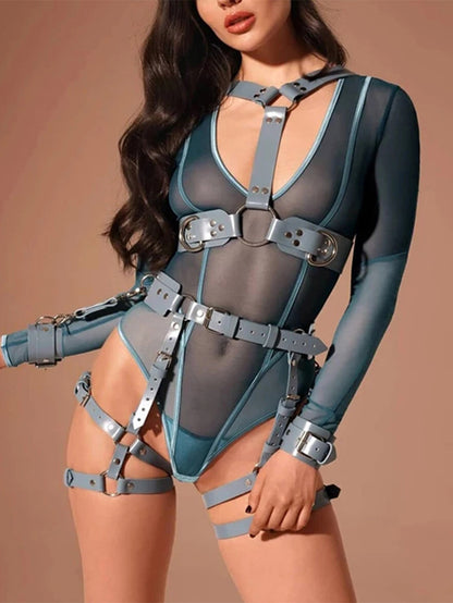 Sexy PU Leather Halter Leg Ring Belt Suit