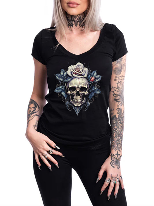 Women's Gothic Water Drop Flower Skull Printed Casual T-shirt