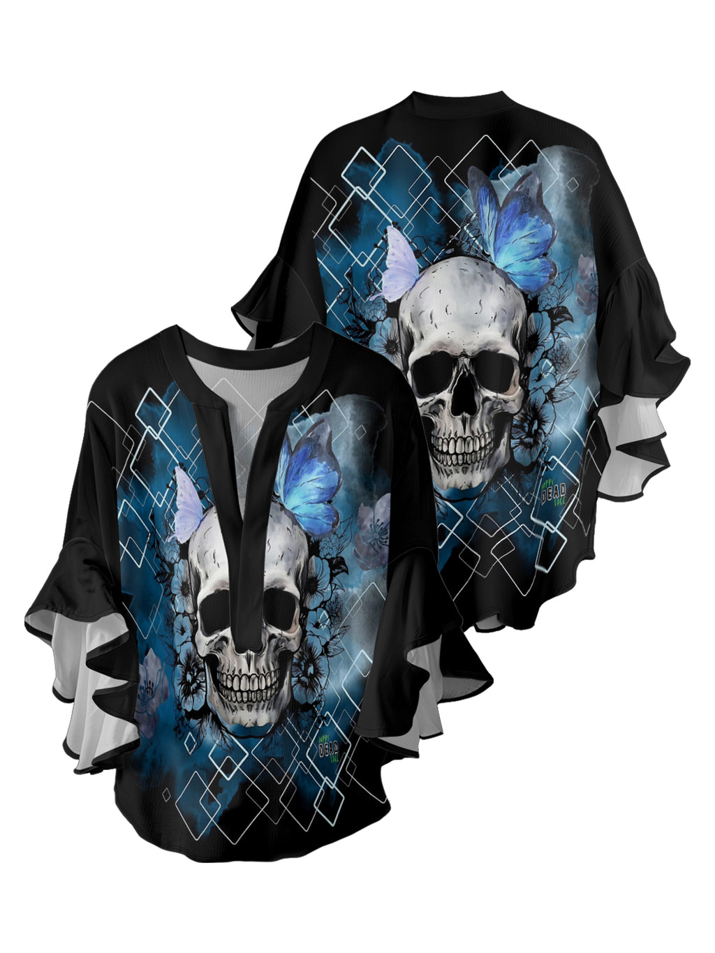 Geometric butterfly flower skull V-neck Ruffle Blouse
