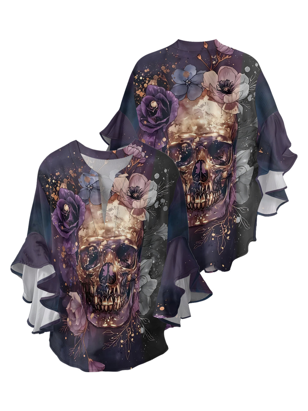 Flower Burial Skull V-neck Ruffle Blouse