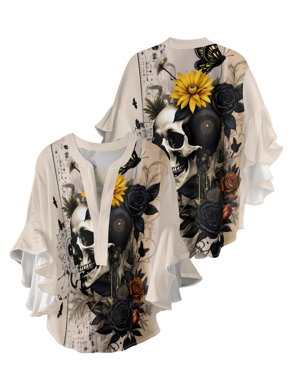 Flower Burial Skull V-neck Ruffle Blouse