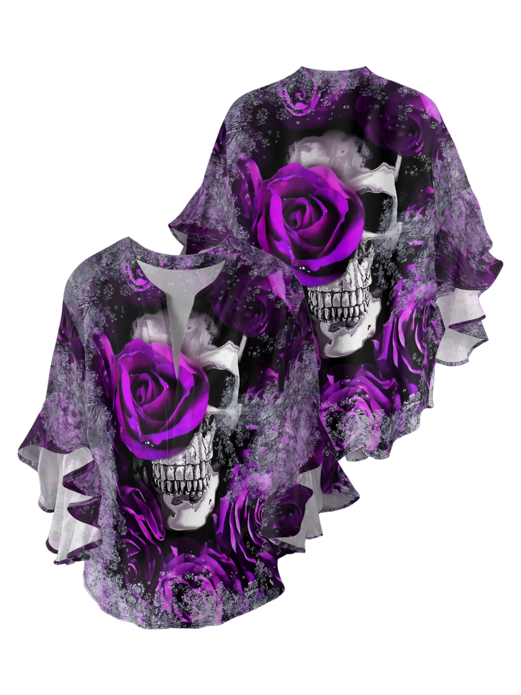 Purple Rose Skull V-neck Ruffle Blouse