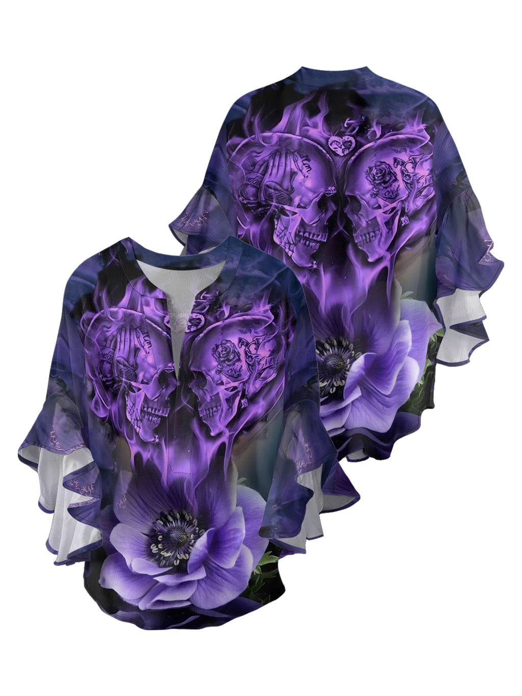 Lotus Twin Skulls V-neck Ruffle Blouse
