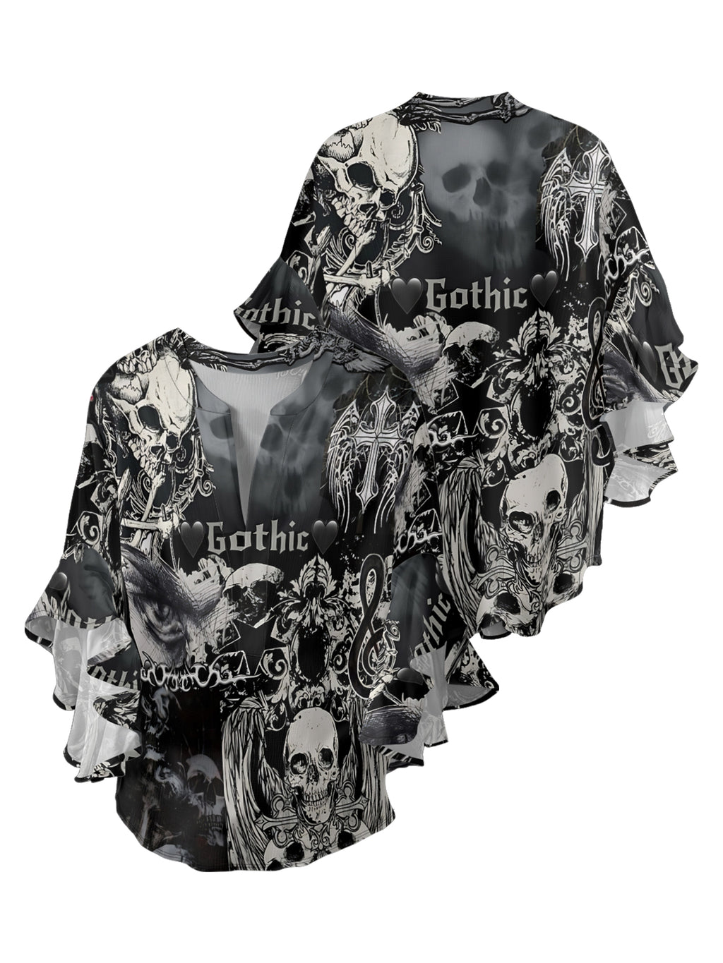 gothic winged skull V-neck Ruffle Blouse