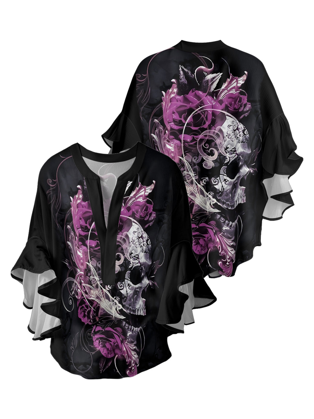 Purple mysterious skull V-neck Ruffle Blouse