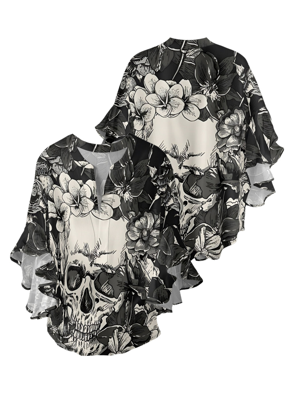 Rose Skull V-neck Ruffle Blouse
