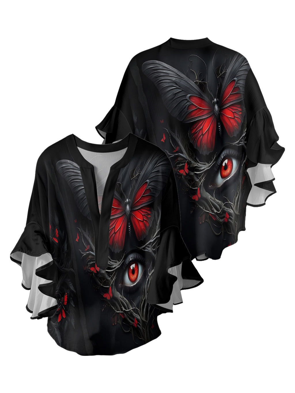 Horror Eye Butterfly V-neck Ruffle Blouse