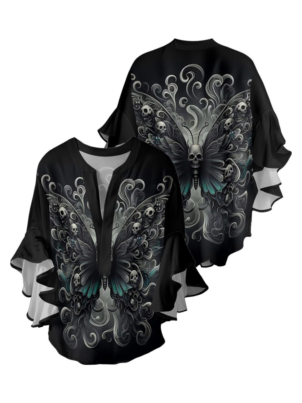 Skull on butterfly V-neck Ruffle Blouse